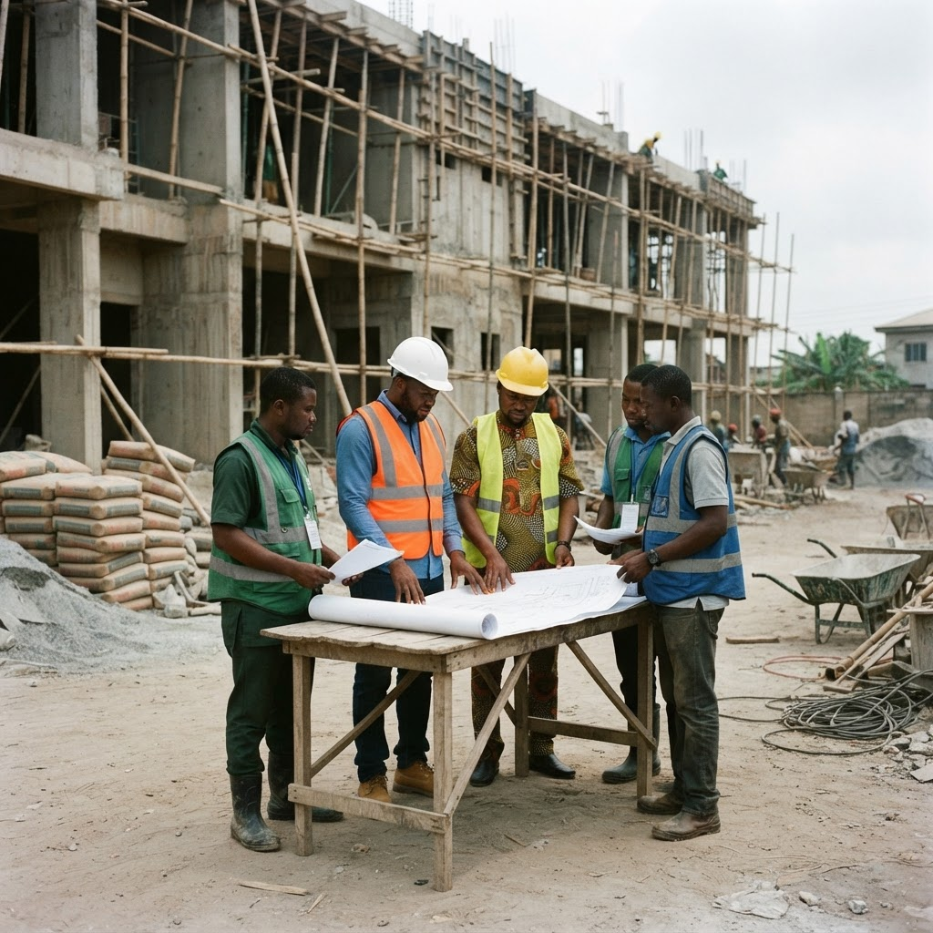 Contractors reviewing drawings on a concrete building site