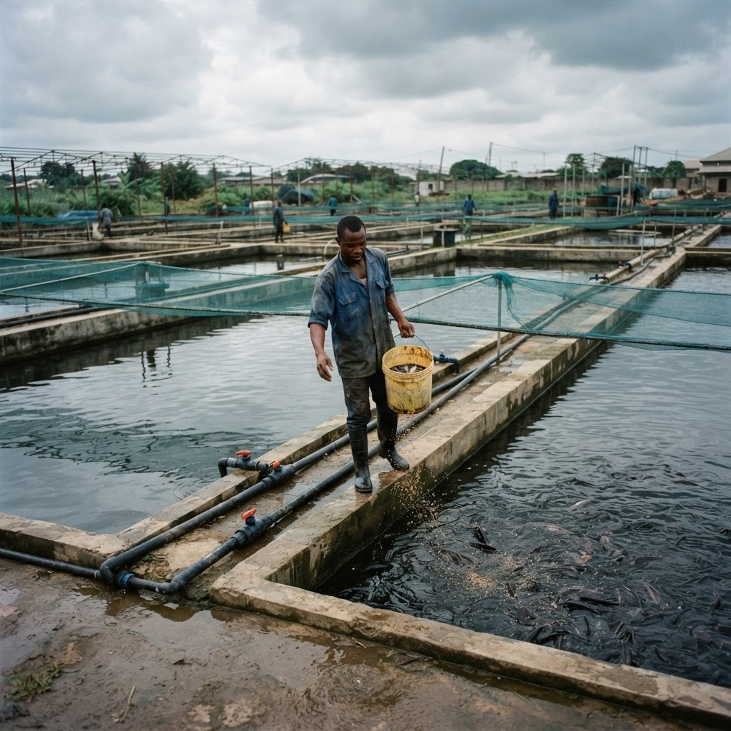 Rows of concrete catfish ponds at an aquaculture farm