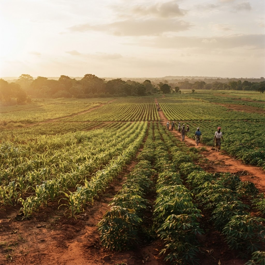 Rows of maize and cassava across open Nigerian farmland at golden hour