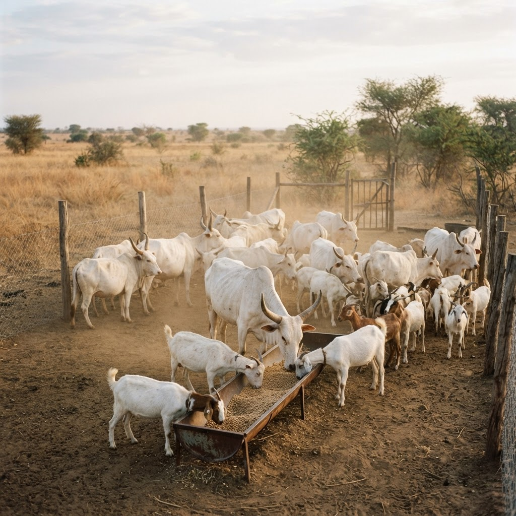 Cattle and goats in a clean fenced livestock pen with feed troughs