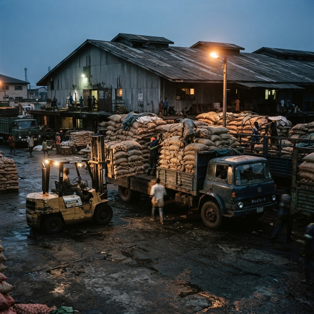 Cargo trucks being loaded with sacks of produce at a distribution yard