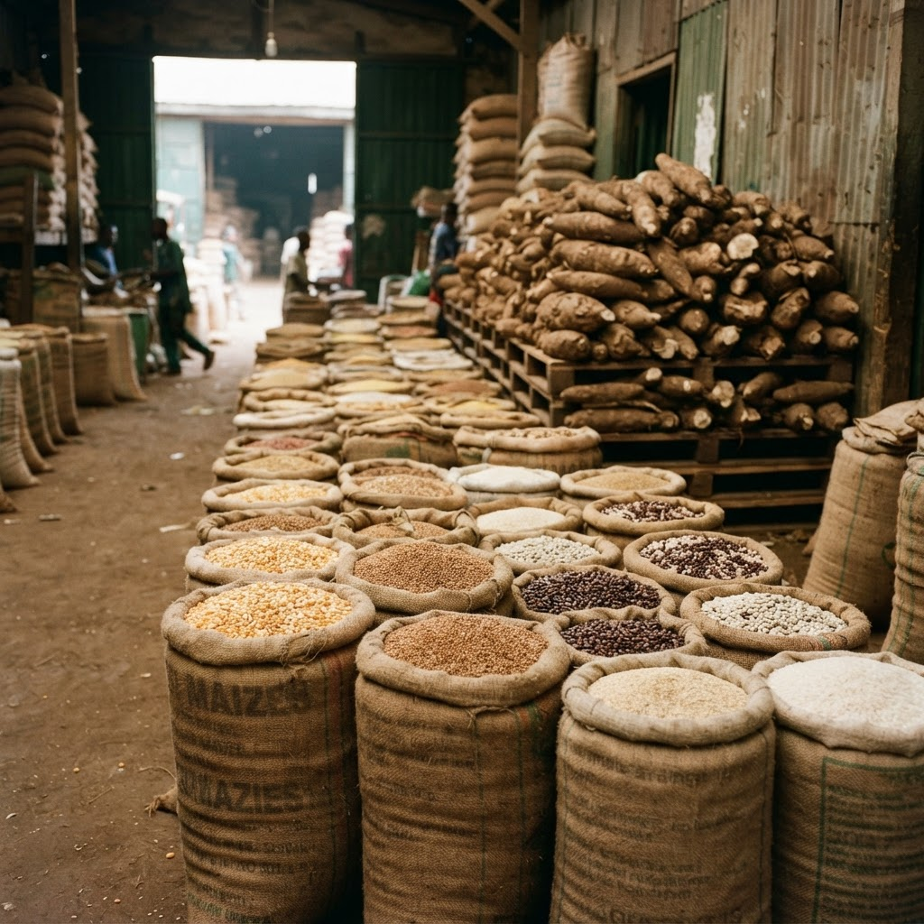 Sacks of graded grains and pulses ready for dispatch at a depot
