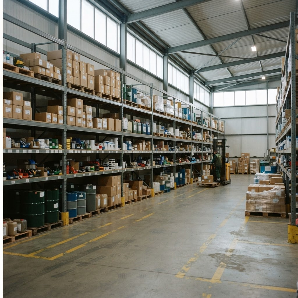 Steel racking stacked with cartons and goods in a supplies warehouse